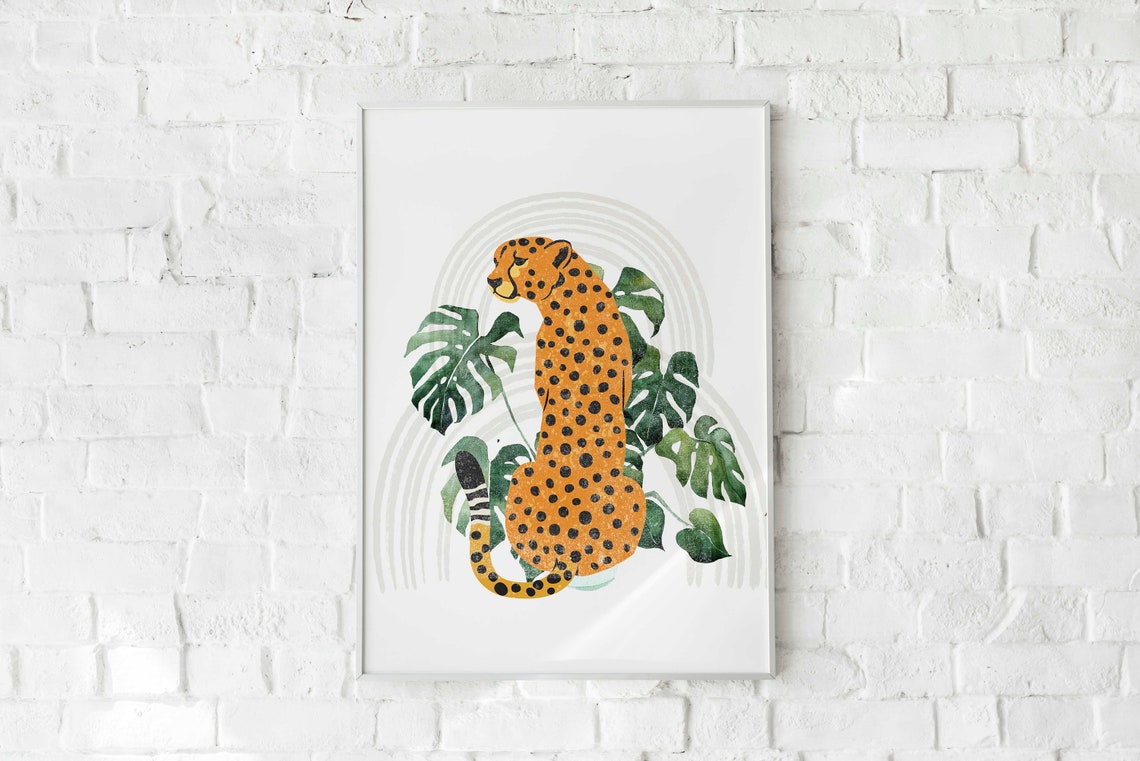 Cheetah Resting Among Monstera Leaves Rainbow Arch Art Poster - Image 2