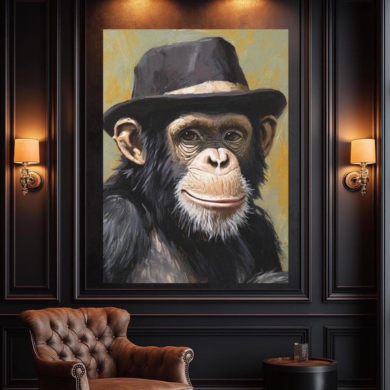 Chimpanzee Wall Art Monkey Canvas Print Vintage Animal Painting Classy Chimp Portrait Modern Luxury Wildlife Decor Extra Large