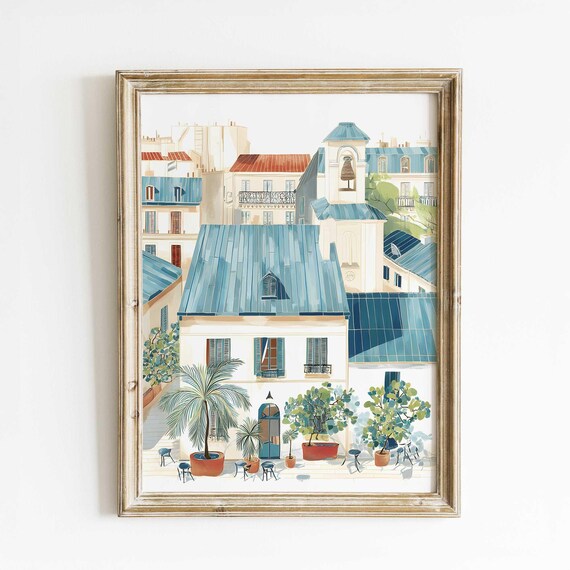 Paris Courtyard Watercolor Rooftops Church Bell Tower Cityscape Print