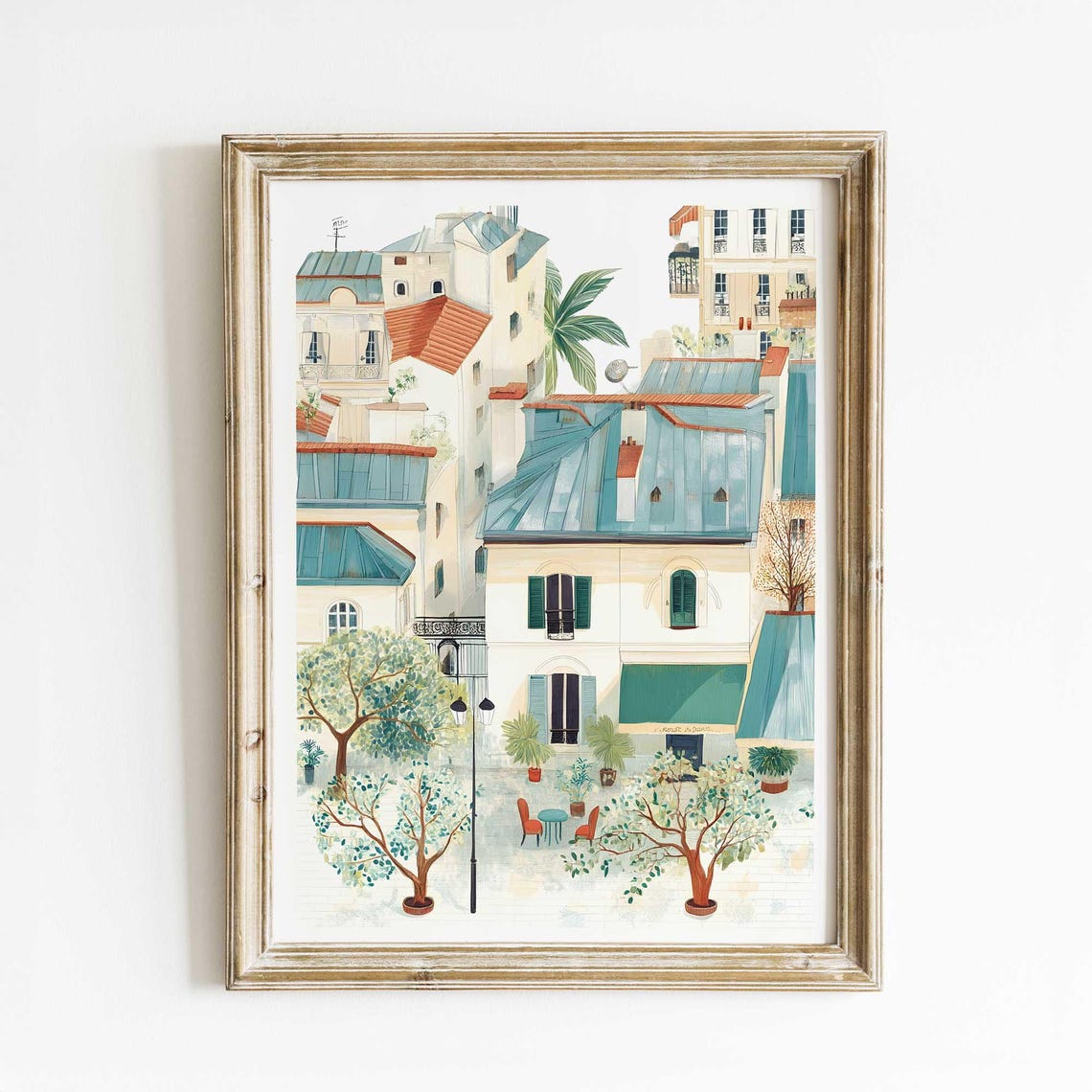 Parisian Courtyard Watercolor with Charming Rooftops and Cafe Poster