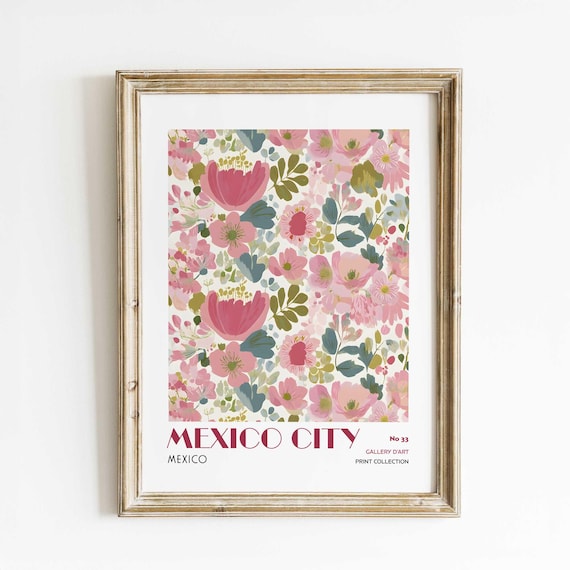 Mexico City Mexico Pink Floral Garden Botanical Travel Poster