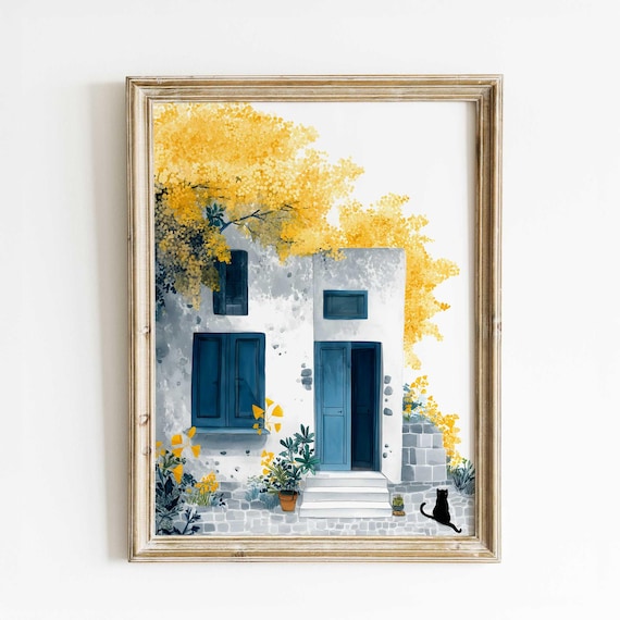 White Mediterranean House Blue Door Golden Tree Watercolor Art Print