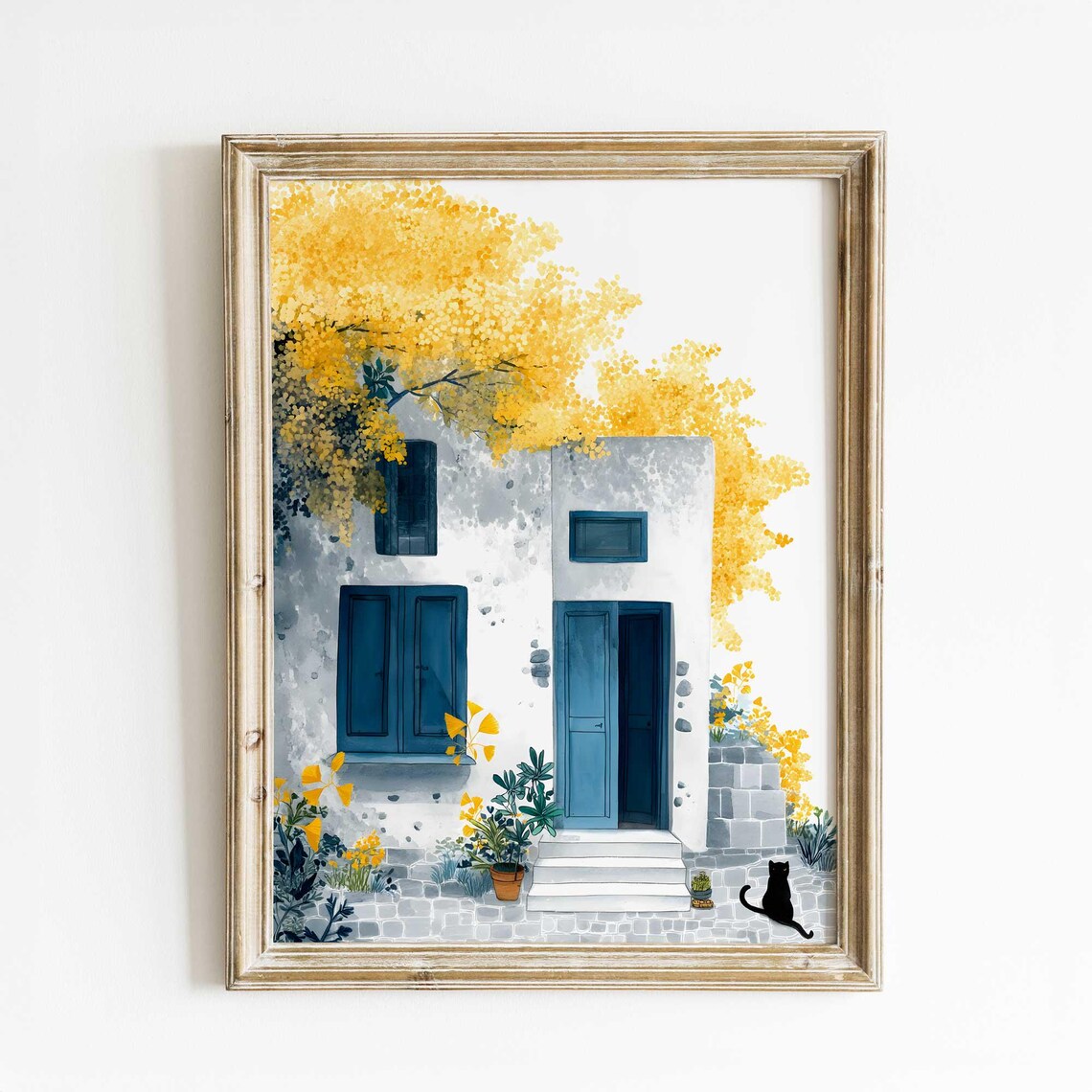 White Mediterranean House Blue Door Golden Tree Watercolor Art Print