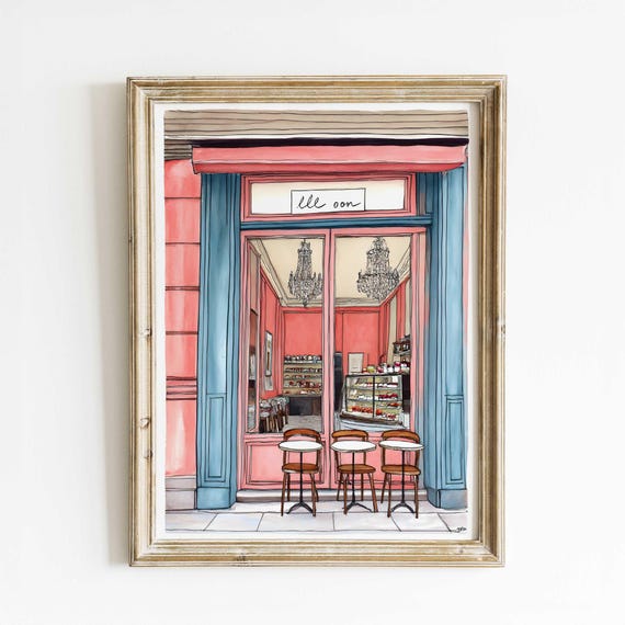 French Patisserie Watercolor Print Pink Cafe Bakery Illustration Paris Dessert Shop Wall Art Cozy Bistro Decor