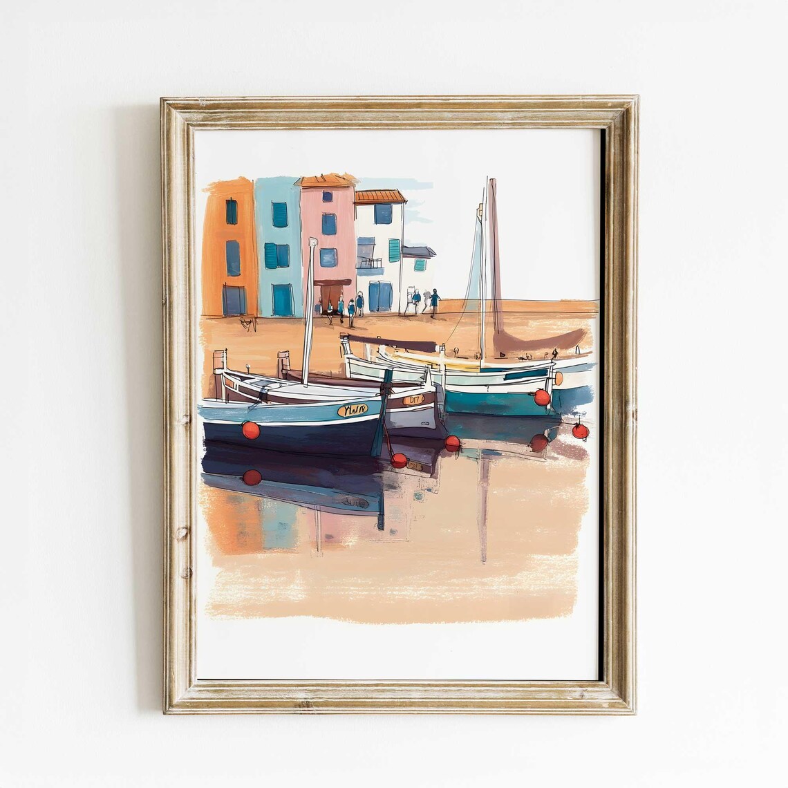 Mediterranean Harbor with Colorful Fishing Boats Watercolor Poster