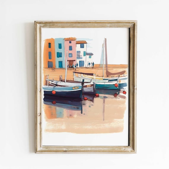 Mediterranean Harbor with Colorful Fishing Boats Watercolor Poster