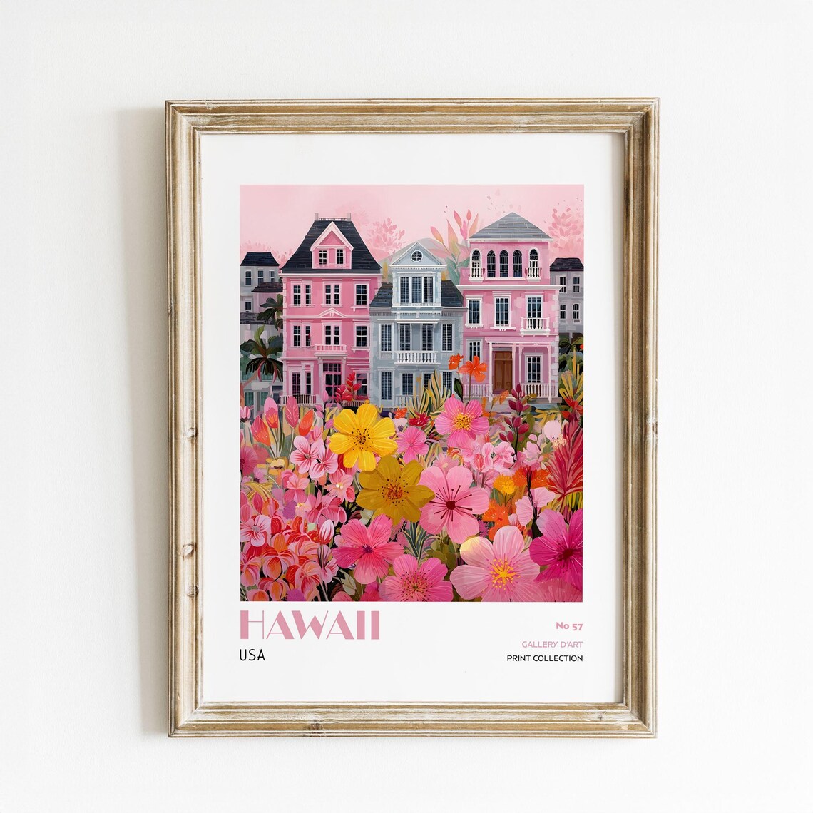 Hawaii Pink Floral Cityscape Travel Print No 57 Gallery Art Collection