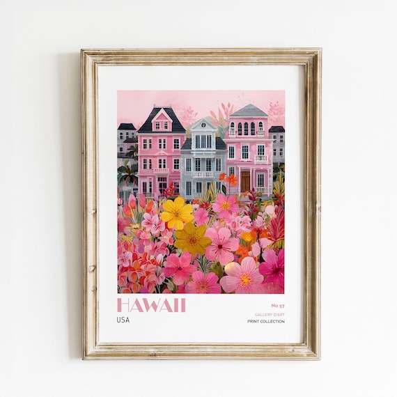Hawaii Pink Floral Cityscape Travel Print No 57 Gallery Art Collection