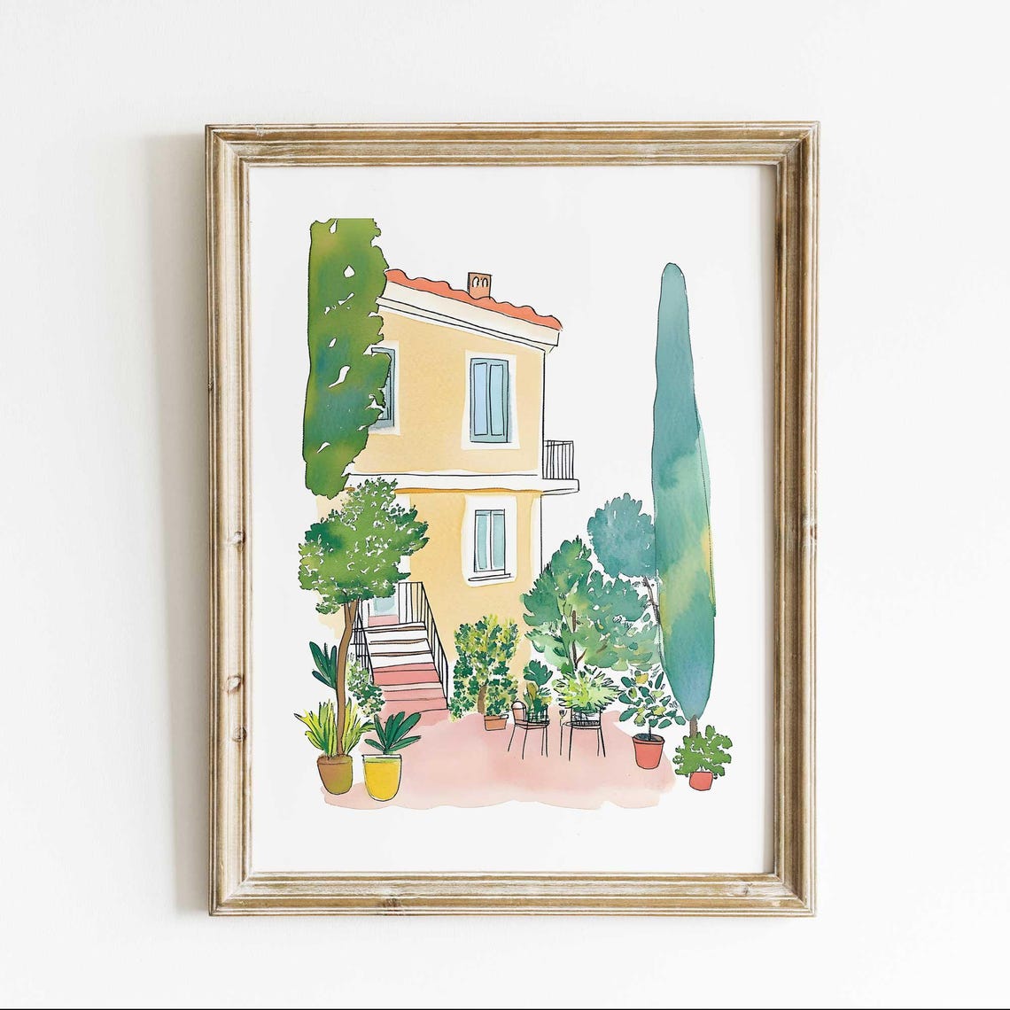 Italian Villa Garden Watercolor Lavender Cypress Trees Poster
