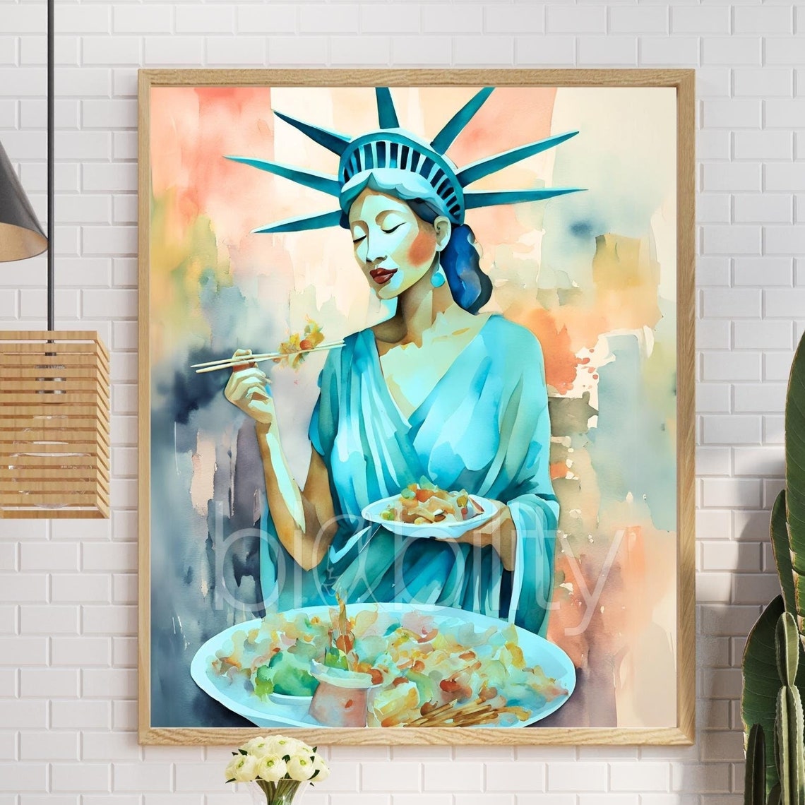 Statue Of Liberty Eating Chinese Food Nyc New York City Chinatown Fried Rice Abstract Oil Painting Style Print