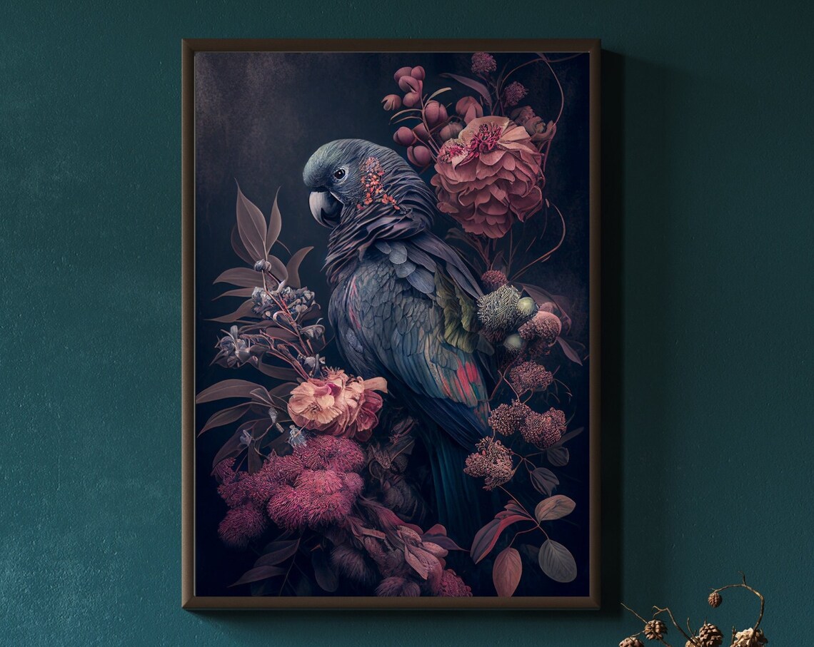 Moody Dark Parrot Among Roses Vintage Floral Bird Portrait Poster - Image 3