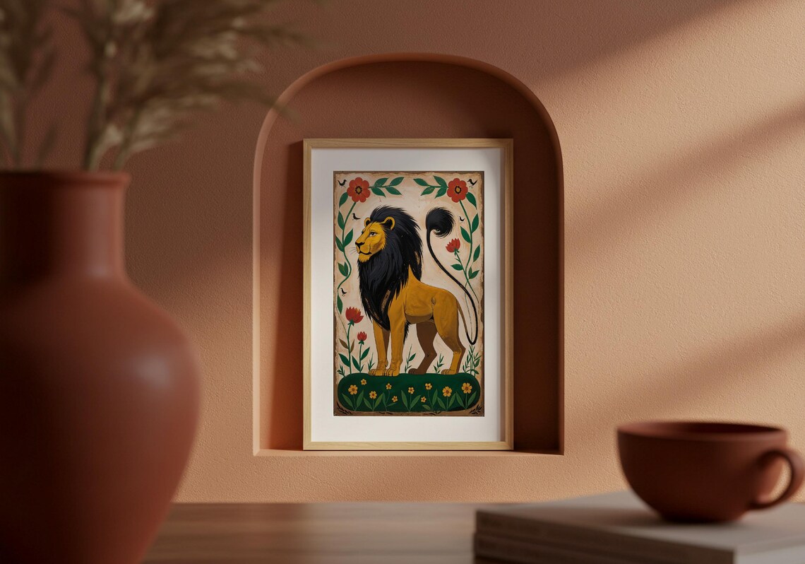 Folk Art Lion Print Boho Jungle Wall Decor Vibrant Botanical Safari Poster