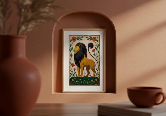 Folk Art Lion Print Boho Jungle Wall Decor Vibrant Botanical Safari Poster