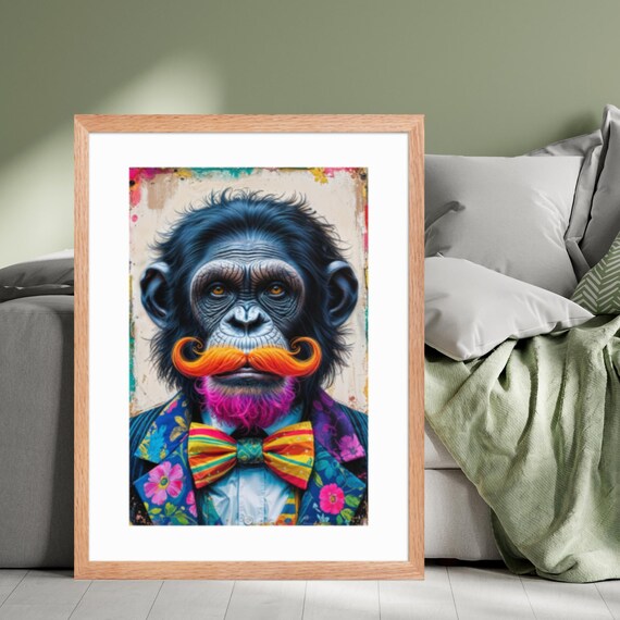 Colorful Mustachioed Monkey Art Quirky Wall Print Funky Animal Portrait
