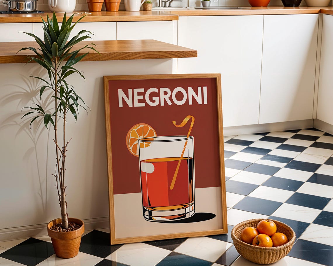 Negroni Cocktail Retro Bar Art Orange Slice Kitchen Decor Poster