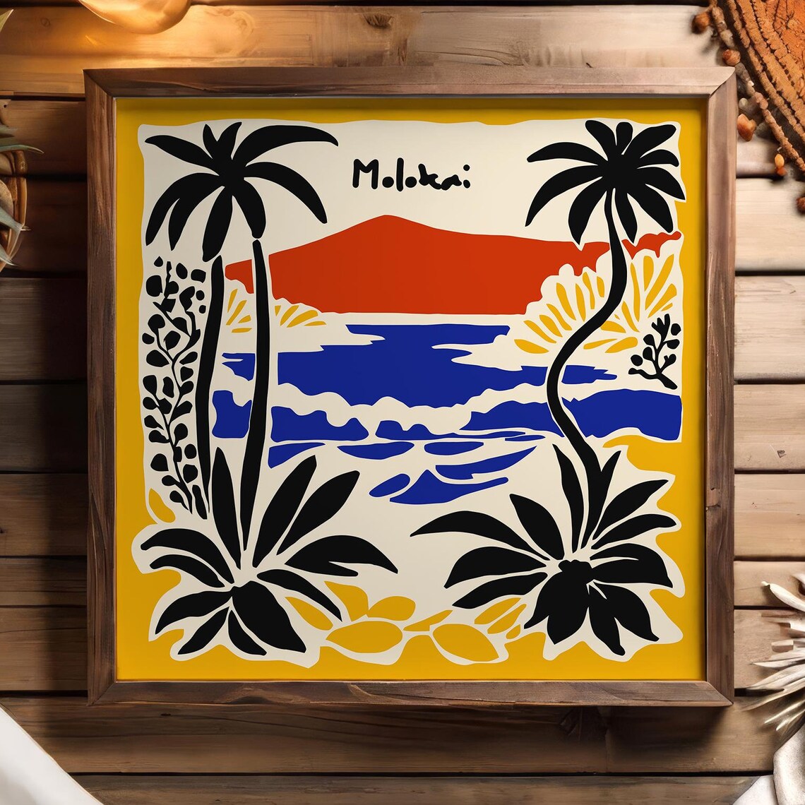 Molokai Hawaii Palm Trees Red Hills Bold Tropical Art Poster
