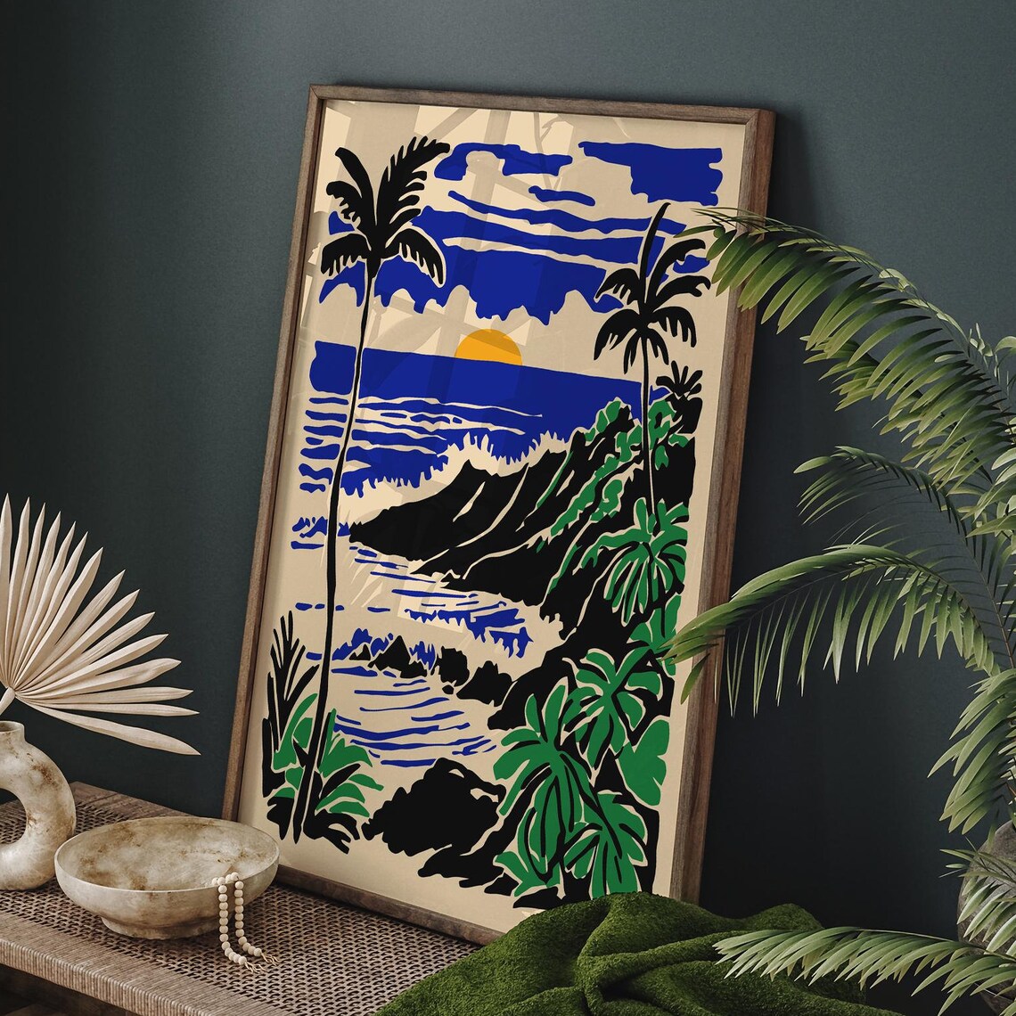 Honolulu Oahu Hawaii Tropical Palm Coast Sunset Travel Poster