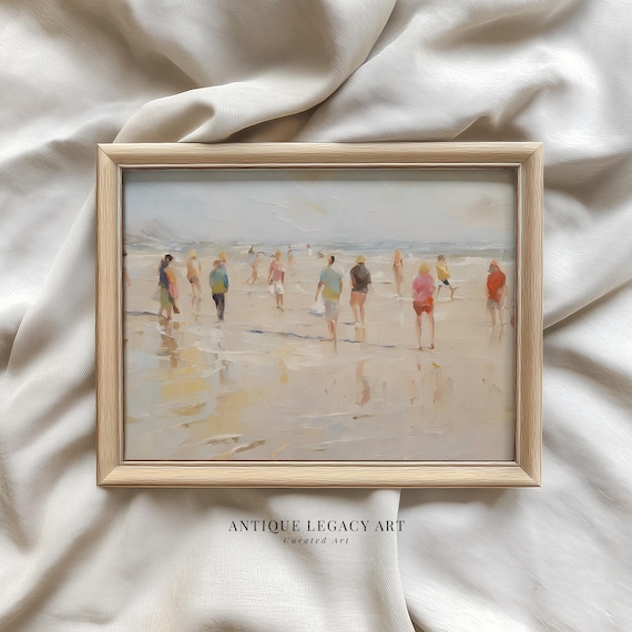 Vintage Summer Coastal Wall Art People On Beach Painting Print Abstract Minimalist Seaside Decor Neutral Beige