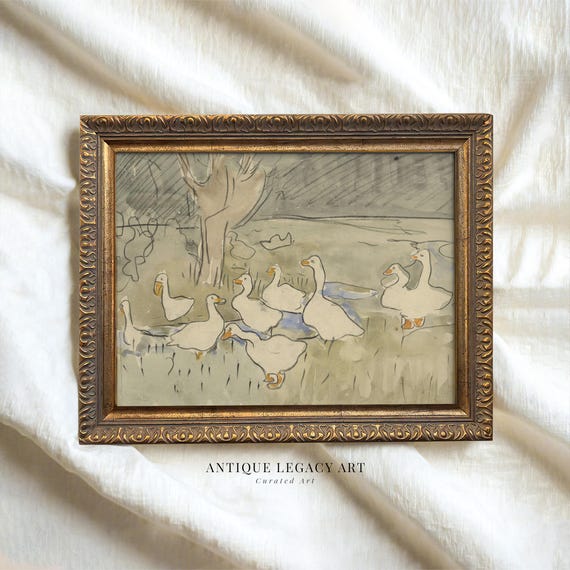 Vintage Duck Watercolor Painting Print Neutral Geese Nursery Green Decor Bird Farmhouse Kids Room Wall Art