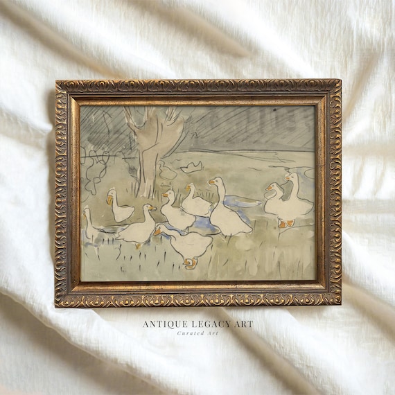Vintage Ducks Geese Watercolor Neutral Farmhouse Nursery Art Poster