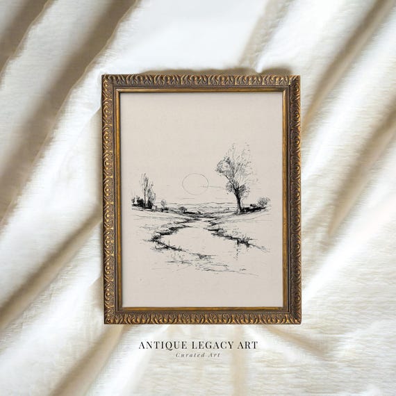 Autumn Sunset Landscape Drawing Print Rustic Fall River Ink Sketch Wall Art Neutral Countryside Farmhouse Decor