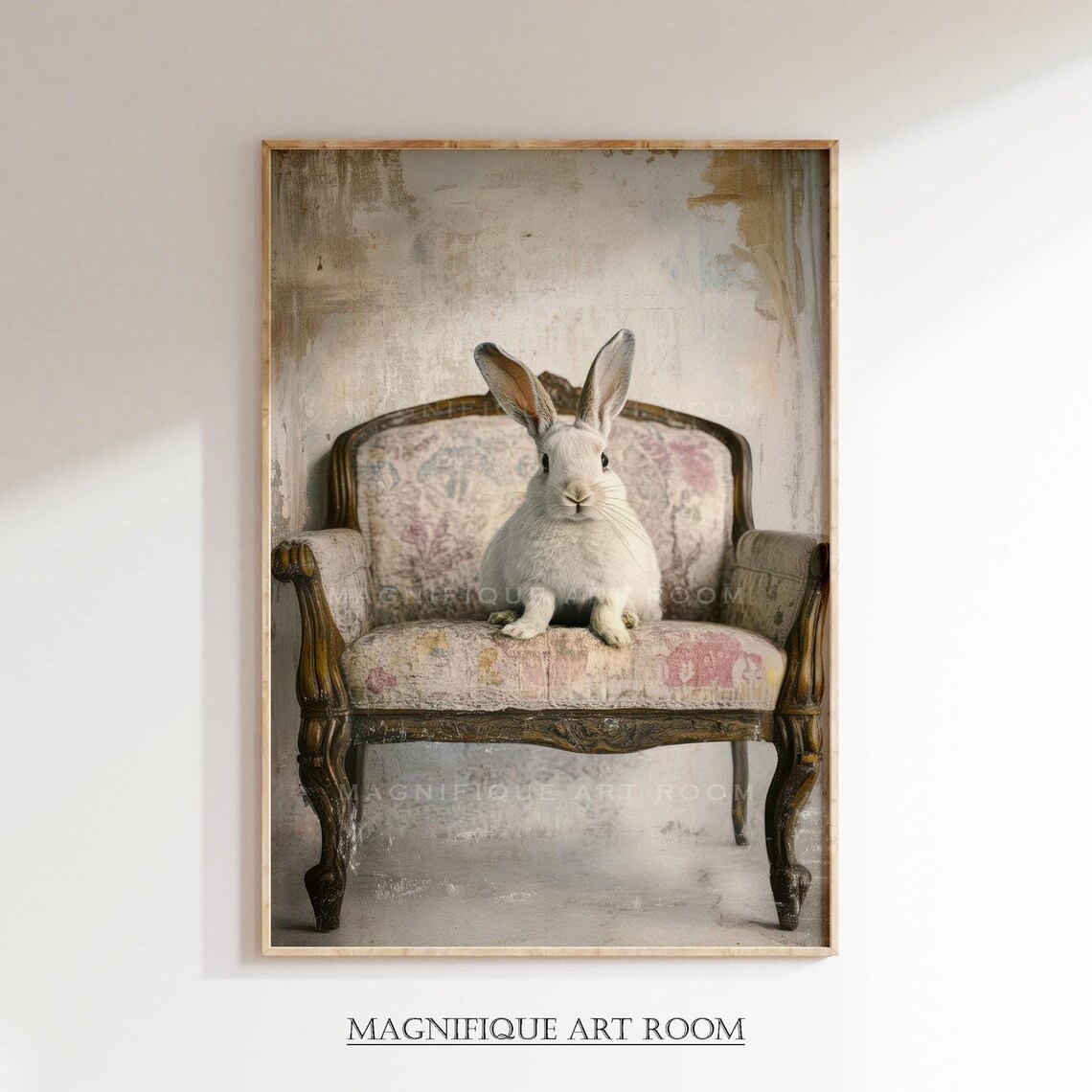 Cute Rabbit on Vintage Sofa, Easter Bunny Art Print