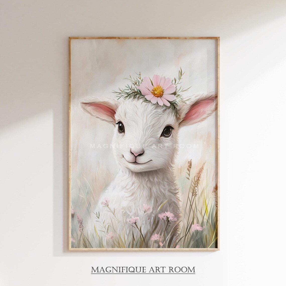 Cute White Lamb With Pink Flower Crown Nursery Watercolor Animal Print