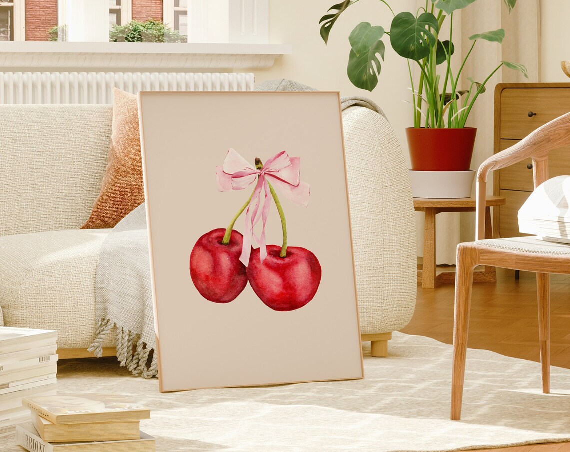 Red Cherries Pink Bow Watercolor Fruit Coquette Kitchen Art Poster