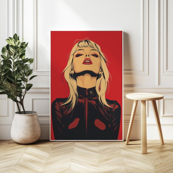 Pop Art Blonde Woman In Black Leather Bold Red Retro Portrait Poster