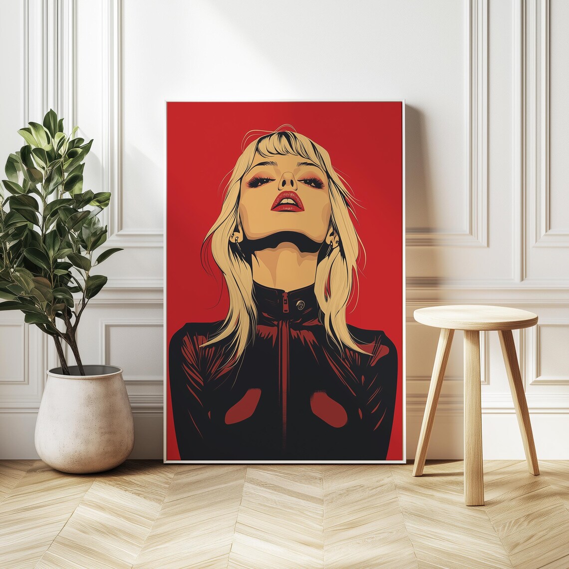 Pop Art Blonde Woman In Black Leather Bold Red Retro Portrait Poster