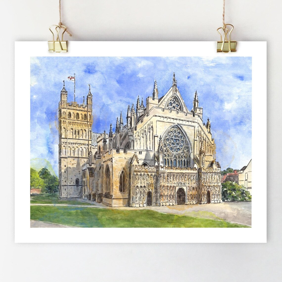 Exeter Cathedral Watercolor Art Print, Devon England