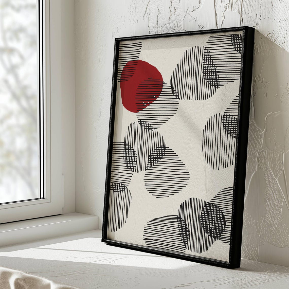 Mid Century Black Line Doodle Shapes Red Accent Abstract Art Poster - Image 3