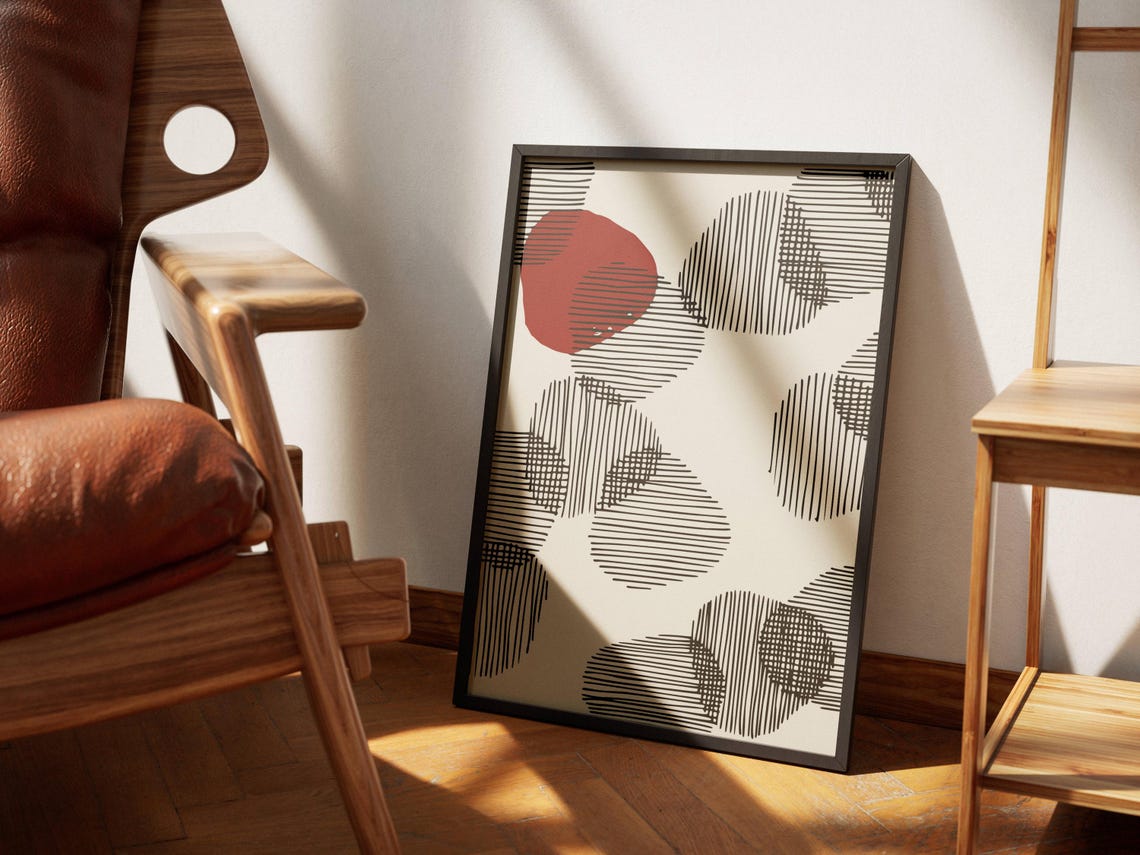 Mid Century Black Line Doodle Shapes Red Accent Abstract Art Poster - Image 4