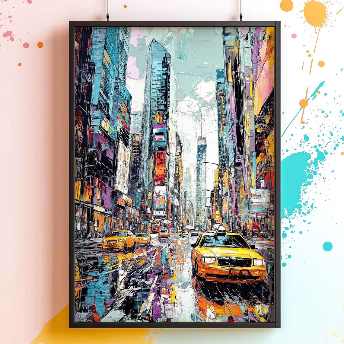 New York City Abstract Times Square Yellow Taxis Painting Poster