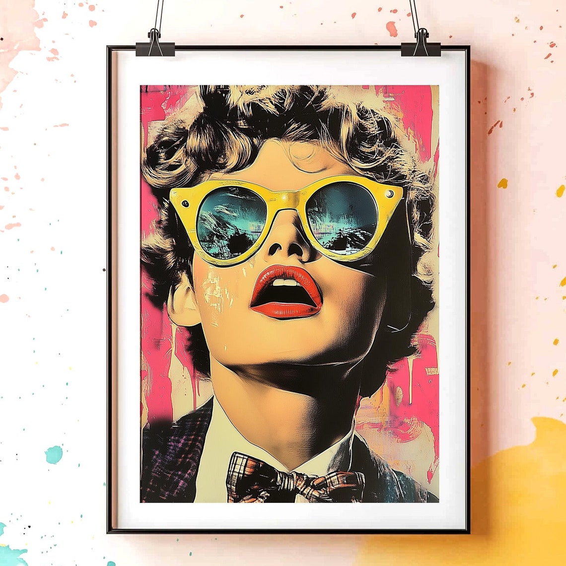 1980s Pop Art Woman in Yellow Sunglasses Wall Art Bold Retro Decor
