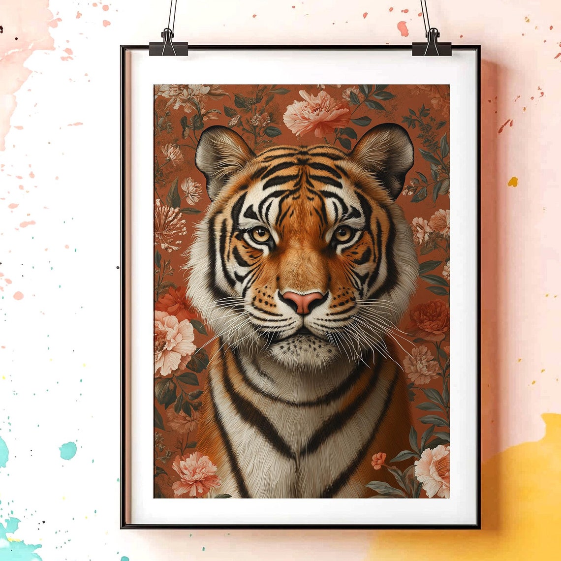 Maximalist Tiger Portrait Among Rust Red Floral Blossoms Poster