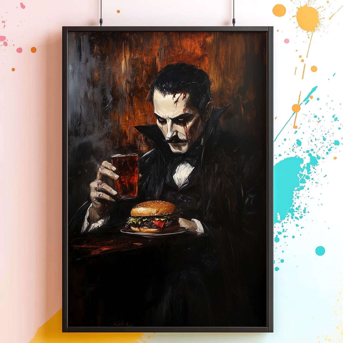 Gothic Vampire Eating Burger Wall Art Funny Dark Academia Horror Decor
