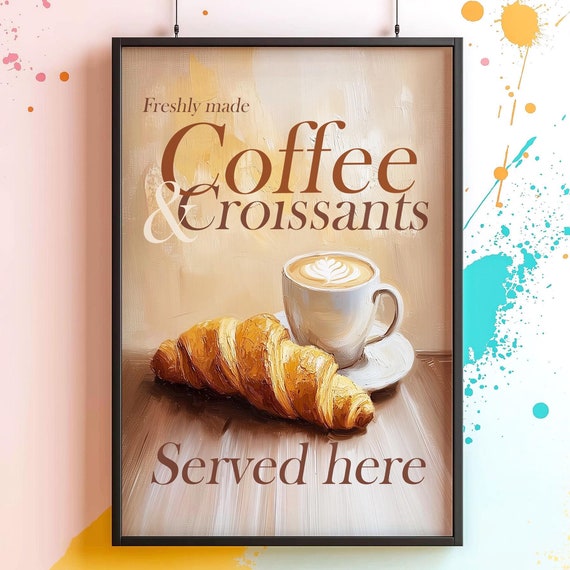 Coffee And Croissants Vintage Cafe Print Retro Kitchen Decor Instant Frameless Wall Art