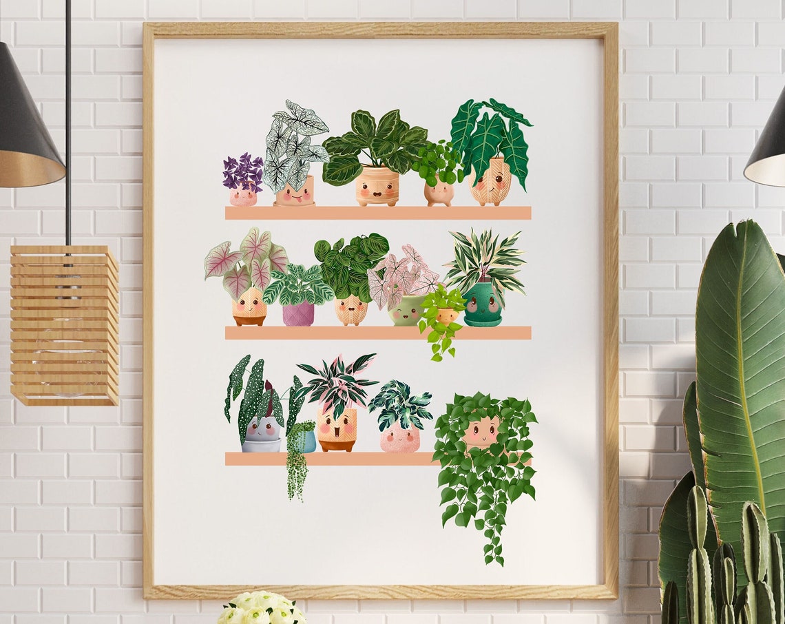 Twelve Cute Smiling Plants On Shelves Botanical Illustration Poster