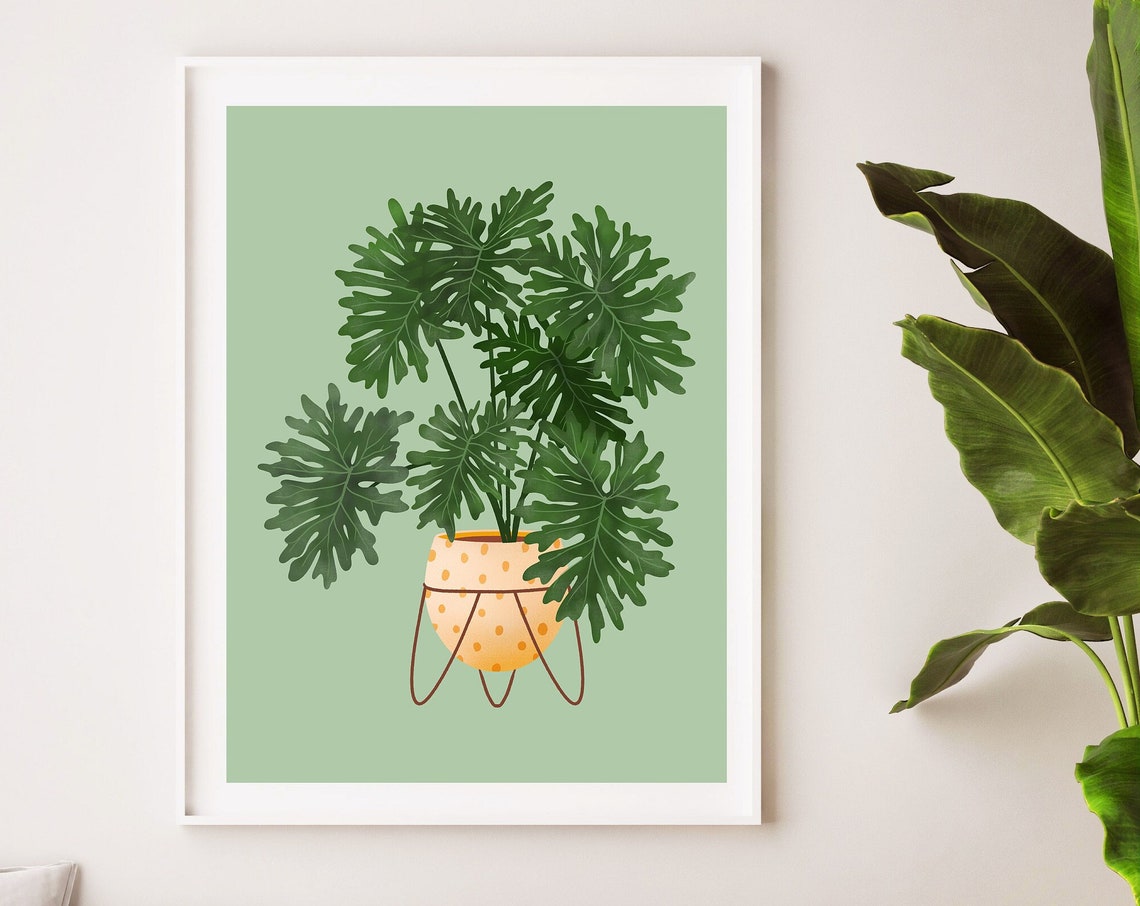 Philodendron Xanadu Poster Peach Dotted Pot Sage Green Background