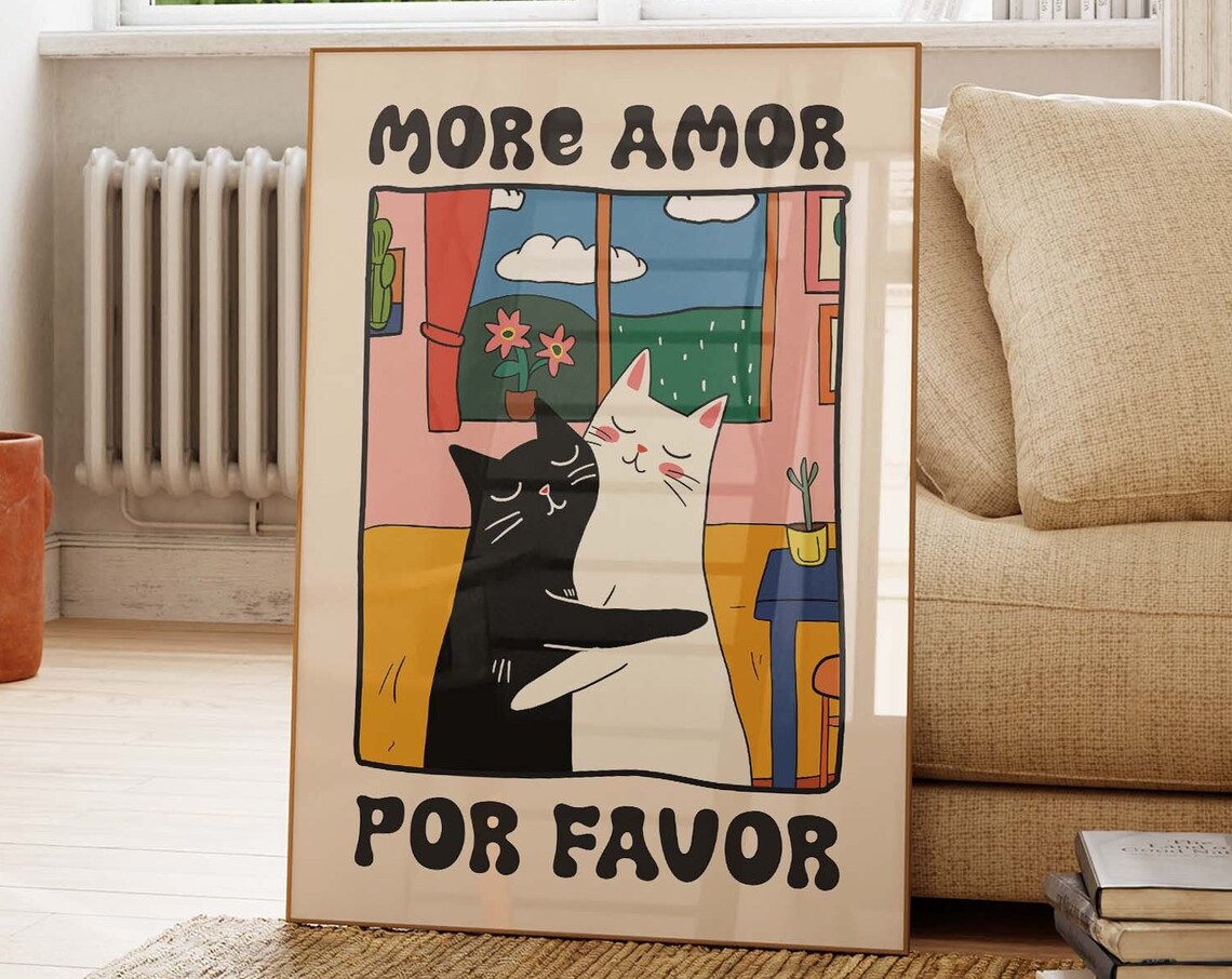 More Amor Por Favor Hugging Black And White Cats Retro Love Poster