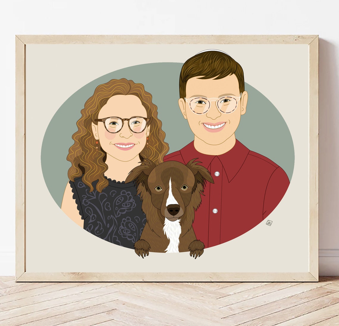 Couple With Brown and White Dog Custom Portrait Illustration Poster