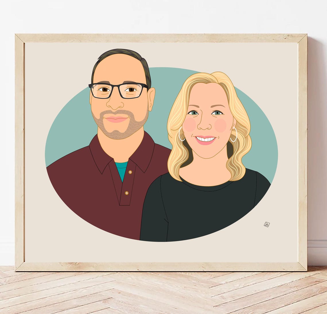 Bearded Couple Smiling Custom Illustrated Couple Portrait Poster - Image 4