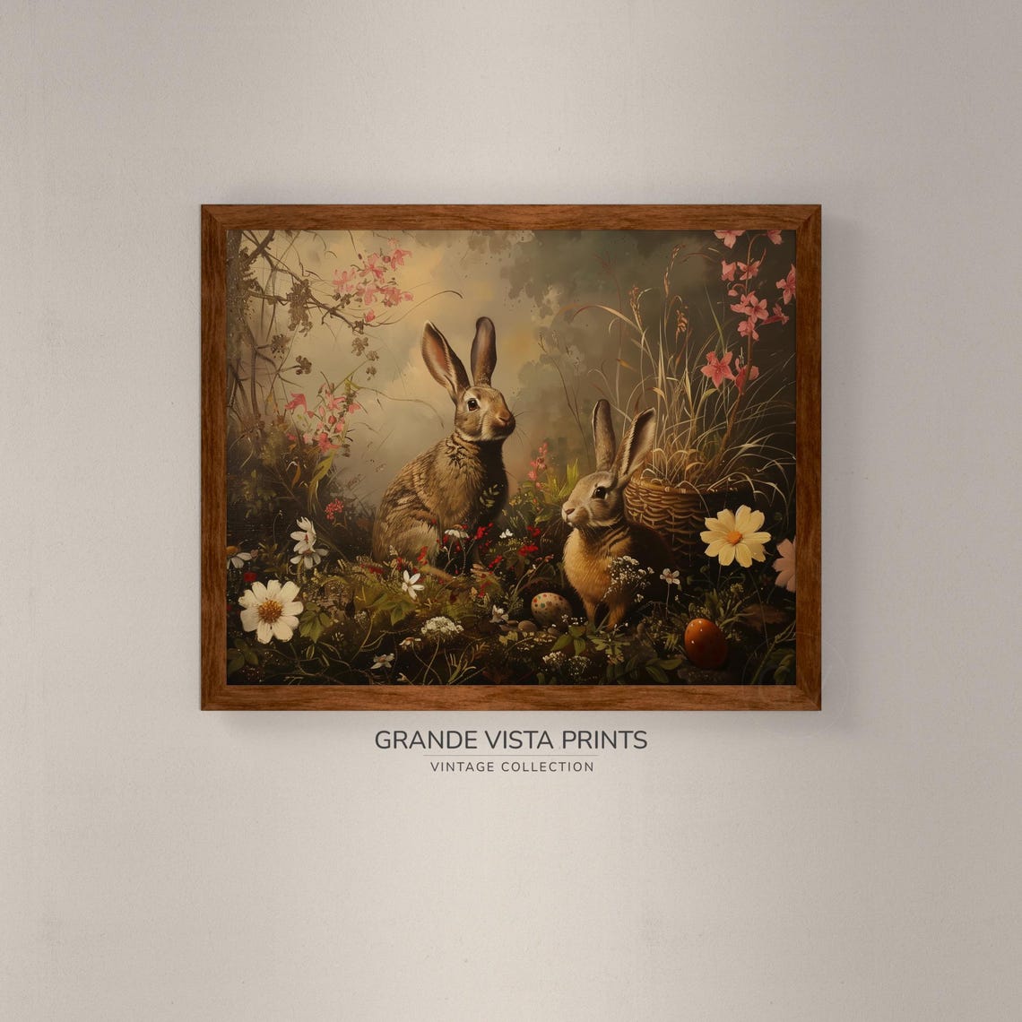 Two Brown Rabbits in Wildflower Meadow with Basket Eggs Easter Print - Image 4