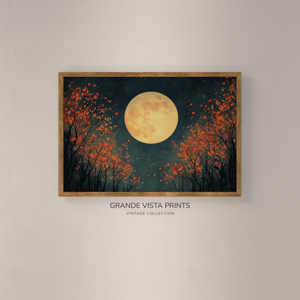 Harvest Moon Glowing Over Autumn Trees Starry Fall Night Sky Poster - Image 2