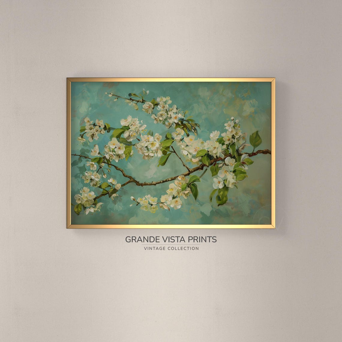 White Cherry Blossom Branch Teal Background Spring Floral Art Print