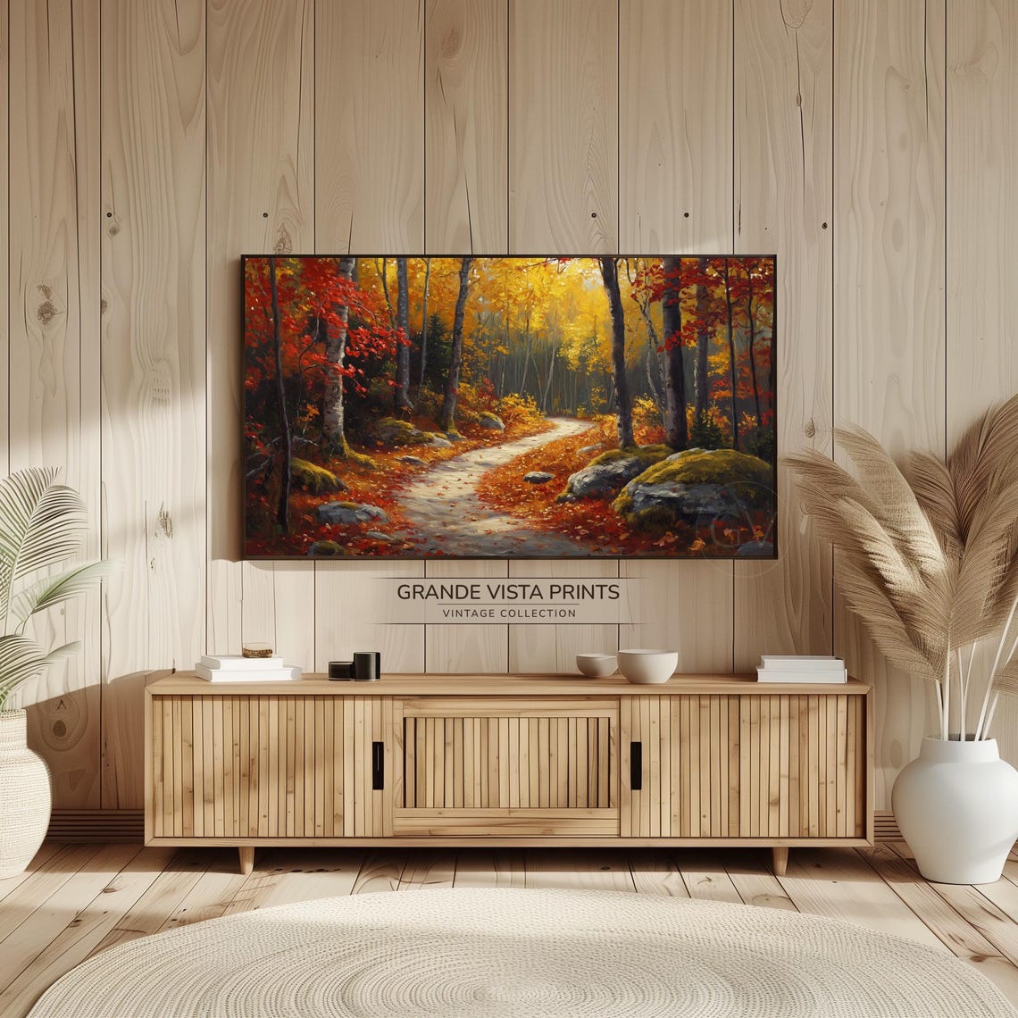 Autumn Forest Path Birch Trees Red Gold Foliage Rocky Trail Art Poster - Image 2