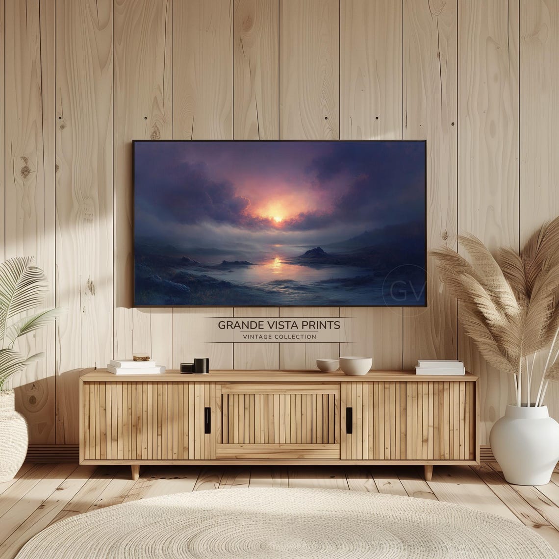 Twilight Ocean Sunset Purple Pink Clouds Rocky Coast Painting Poster - Image 2