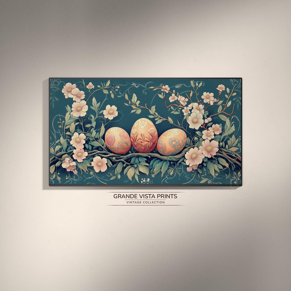Three Ornate Painted Easter Eggs Blossom Branch Teal Botanical Poster