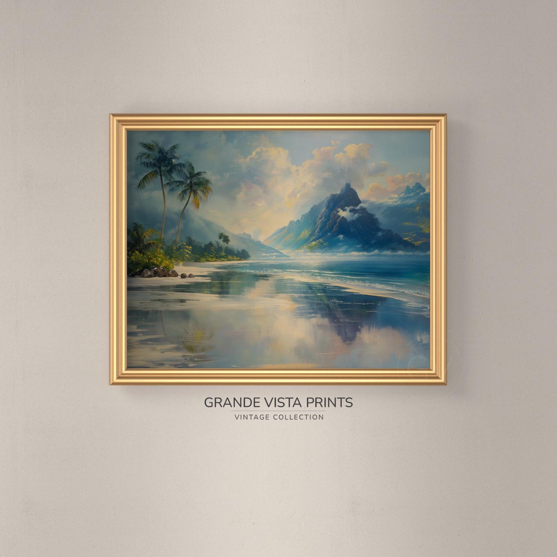 Tropical Island Palm Beach Mountain Peak Lagoon Reflection Poster - Image 3